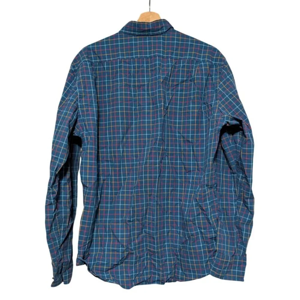J Crew Flex Washed Slim Fit Blue Multicolor Plaid Check Button Shirt Mens Size L